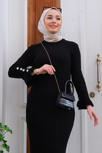 Kol Ve Etek Ucu Fırfırlı Fitilli Elbise Siyah