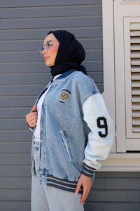 Kol ve Etek Ucu Lastikli Çıtçıtlı Denim Ceket Mavi