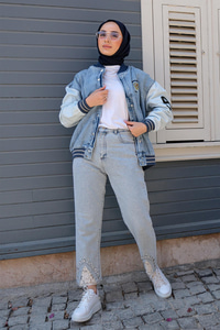 Kol ve Etek Ucu Lastikli Çıtçıtlı Denim Ceket Mavi