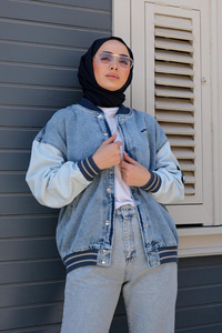 Kol ve Etek Ucu Lastikli Çıtçıtlı Denim Ceket Mavi