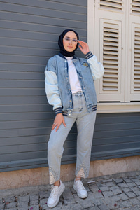 Kol ve Etek Ucu Lastikli Çıtçıtlı Denim Ceket Mavi