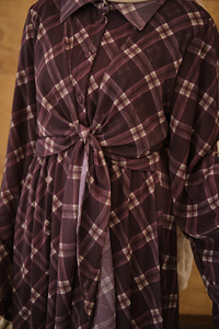 Kol Volanlı Ekose Desen Şifon Elbise Bordo