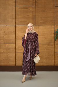 Kol Volanlı Ekose Desen Şifon Elbise Bordo