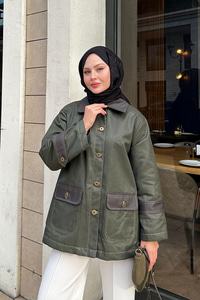 Kolları Apoletli Trenç Haki Yeşil