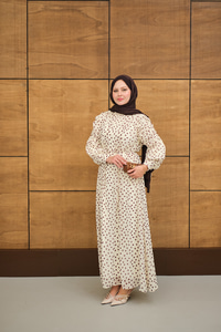 Kolları Büzgülü Bel Bağlamalı Puantiyeli Elbise Krem