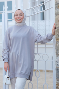 Kolları Çicek Nakışlı Tunik Gri