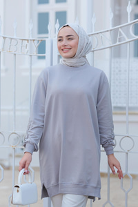 Kolları Çicek Nakışlı Tunik Gri