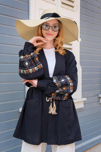 Kolları Desenli Bel Bağlamalı Hırka Siyah