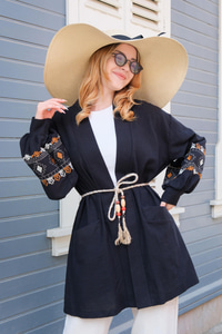 Kolları Desenli Bel Bağlamalı Hırka Siyah