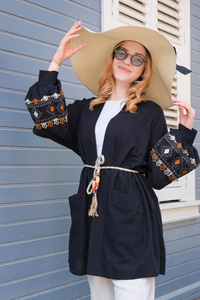 Kolları Desenli Bel Bağlamalı Hırka Siyah