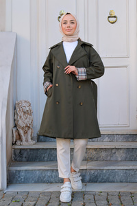 Kolları Desenli Trençkot Haki Yeşil