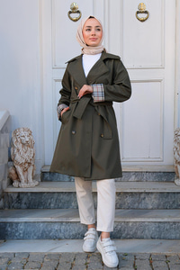 Kolları Desenli Trençkot Haki Yeşil