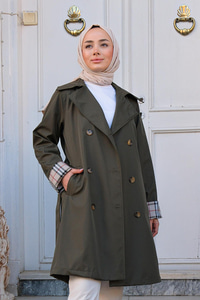 Kolları Desenli Trençkot Haki Yeşil