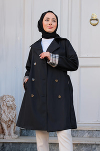 Kolları Desenli Trençkot Siyah