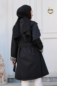 Kolları Desenli Trençkot Siyah