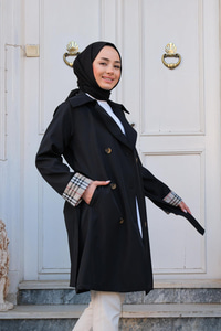 Kolları Desenli Trençkot Siyah