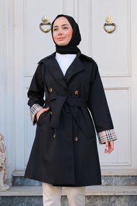 Kolları Desenli Trençkot Siyah