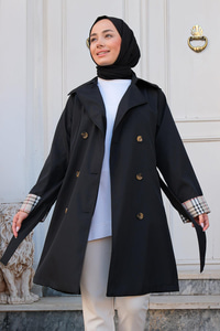 Kolları Desenli Trençkot Siyah