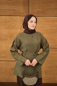 Kolları Düğme Detay Bisiklet Yaka Gömlek Haki Yeşil