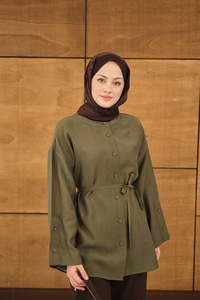 Kolları Düğme Detay Bisiklet Yaka Gömlek Haki Yeşil