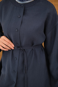 Kolları Düğme Detay Bisiklet Yaka Gömlek Lacivert