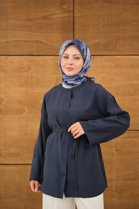 Kolları Düğme Detay Bisiklet Yaka Gömlek Lacivert