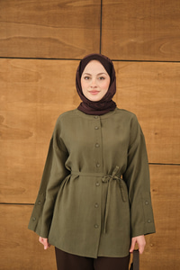 Kolları Düğme Detay Bisiklet Yaka Gömlek Haki Yeşil