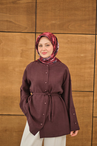 Kolları Düğme Detay Bisiklet Yaka Gömlek Mürdüm