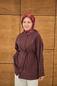 Kolları Düğme Detay Bisiklet Yaka Gömlek Mürdüm