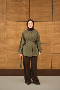 Kolları Düğme Detay Bisiklet Yaka Gömlek Haki Yeşil