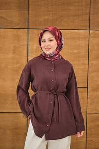 Kolları Düğme Detay Bisiklet Yaka Gömlek Mürdüm