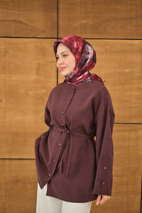 Kolları Düğme Detay Bisiklet Yaka Gömlek Mürdüm