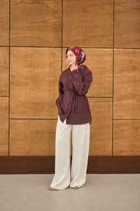 Kolları Düğme Detay Bisiklet Yaka Gömlek Mürdüm