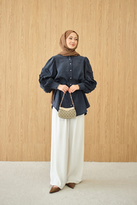 Kolları Fırfırlı Bel Bağlamalı Gömlek Lacivert