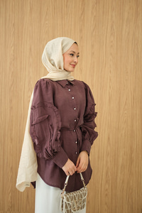 Kolları Fırfırlı Bel Bağlamalı Gömlek Bordo