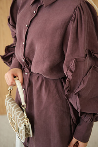 Kolları Fırfırlı Bel Bağlamalı Gömlek Bordo