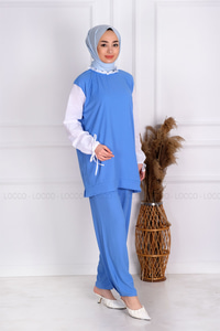 Uygun Fiyatlı KOLLARI GARNILI TAKIM MAVI | Loccomoda.com 