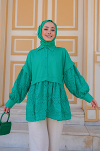 KOLLARI GUPUR DETAYLI GOMLEK YESIL