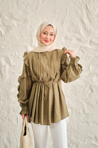 Kolları Nervurlu Önü Pileli Gömlek Küf Yeşil