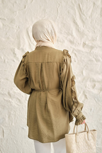 Kolları Nervurlu Önü Pileli Gömlek Küf Yeşil