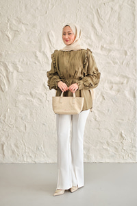 Kolları Nervurlu Önü Pileli Gömlek Küf Yeşil