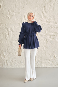 Kolları Nervurlu Önü Pileli Gömlek Lacivert