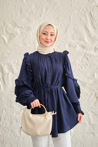 Kolları Nervurlu Önü Pileli Gömlek Lacivert