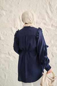 Kolları Nervurlu Önü Pileli Gömlek Lacivert