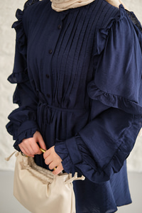 Kolları Nervurlu Önü Pileli Gömlek Lacivert