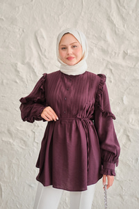 Kolları Nervurlu Önü Pileli Gömlek Mor
