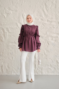 Kolları Nervurlu Önü Pileli Gömlek Mor