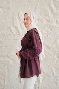 Kolları Nervurlu Önü Pileli Gömlek Mor