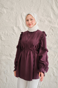 Kolları Nervurlu Önü Pileli Gömlek Mor