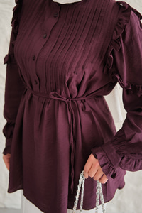 Kolları Nervurlu Önü Pileli Gömlek Mor